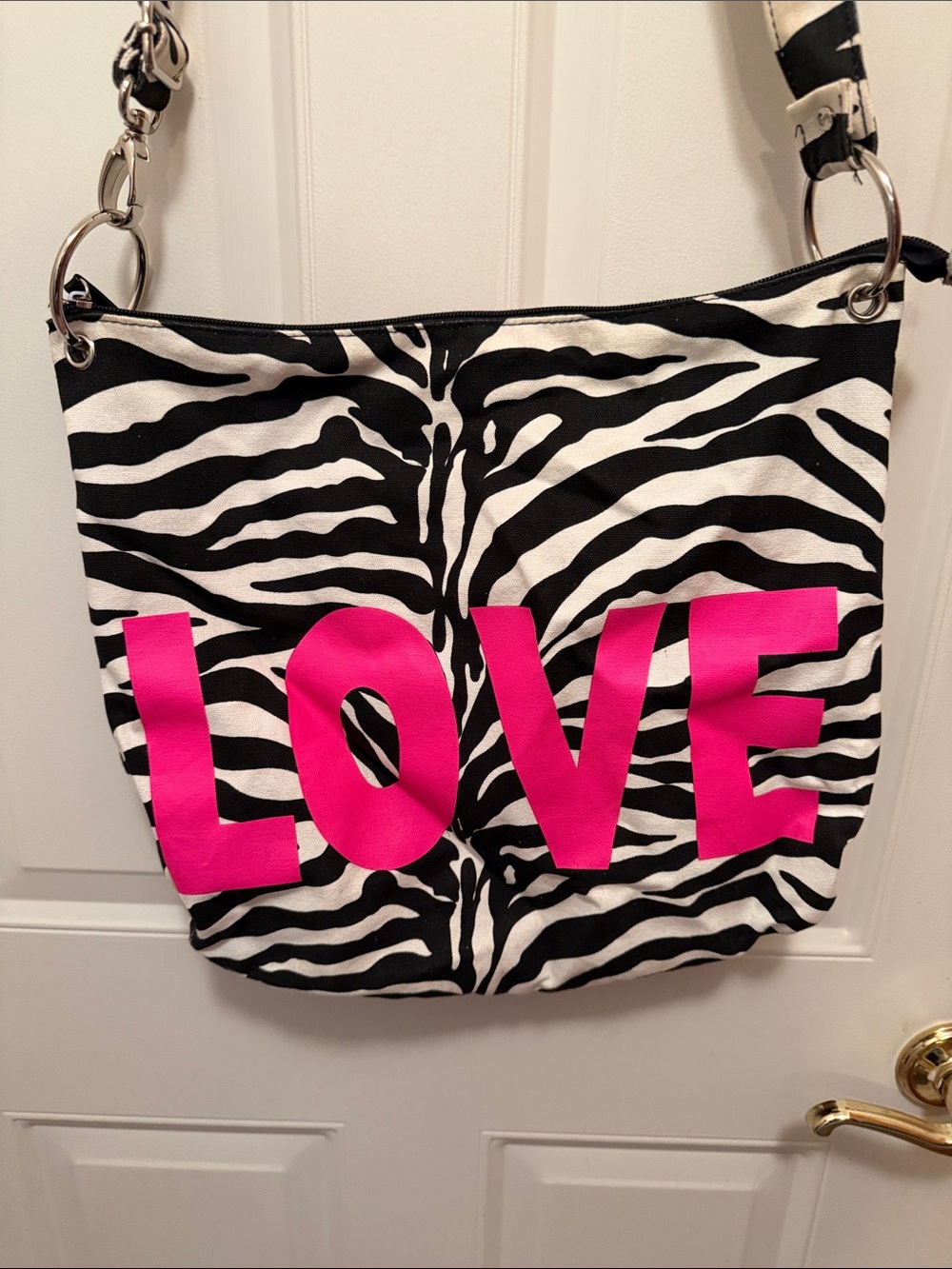 Fashion Express Zippered Zebra Print Tote Bag with Hot Pink LOVE lettering
